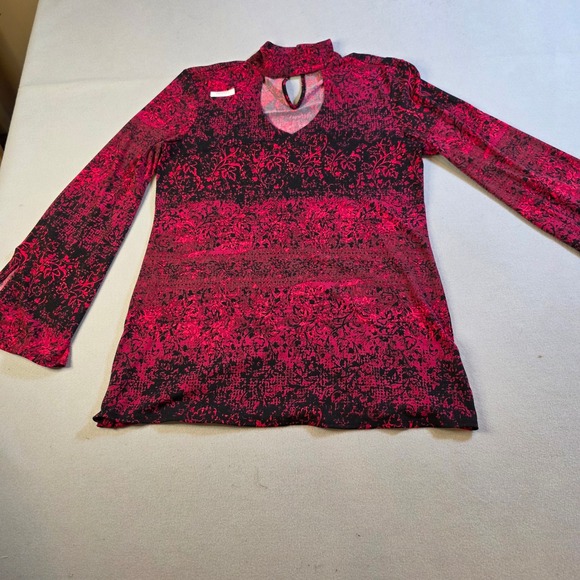 Cato Tops - Cato Red Black Floral Damask Keyhole Mock Neck Long Sleeve Top Small